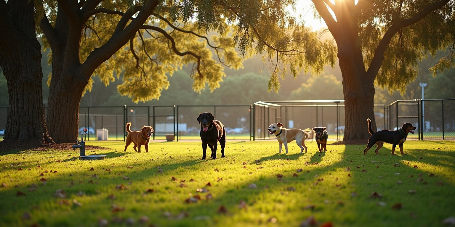 Dogs playing on grass in a fenced Australian off-leash dog park with shady gum trees