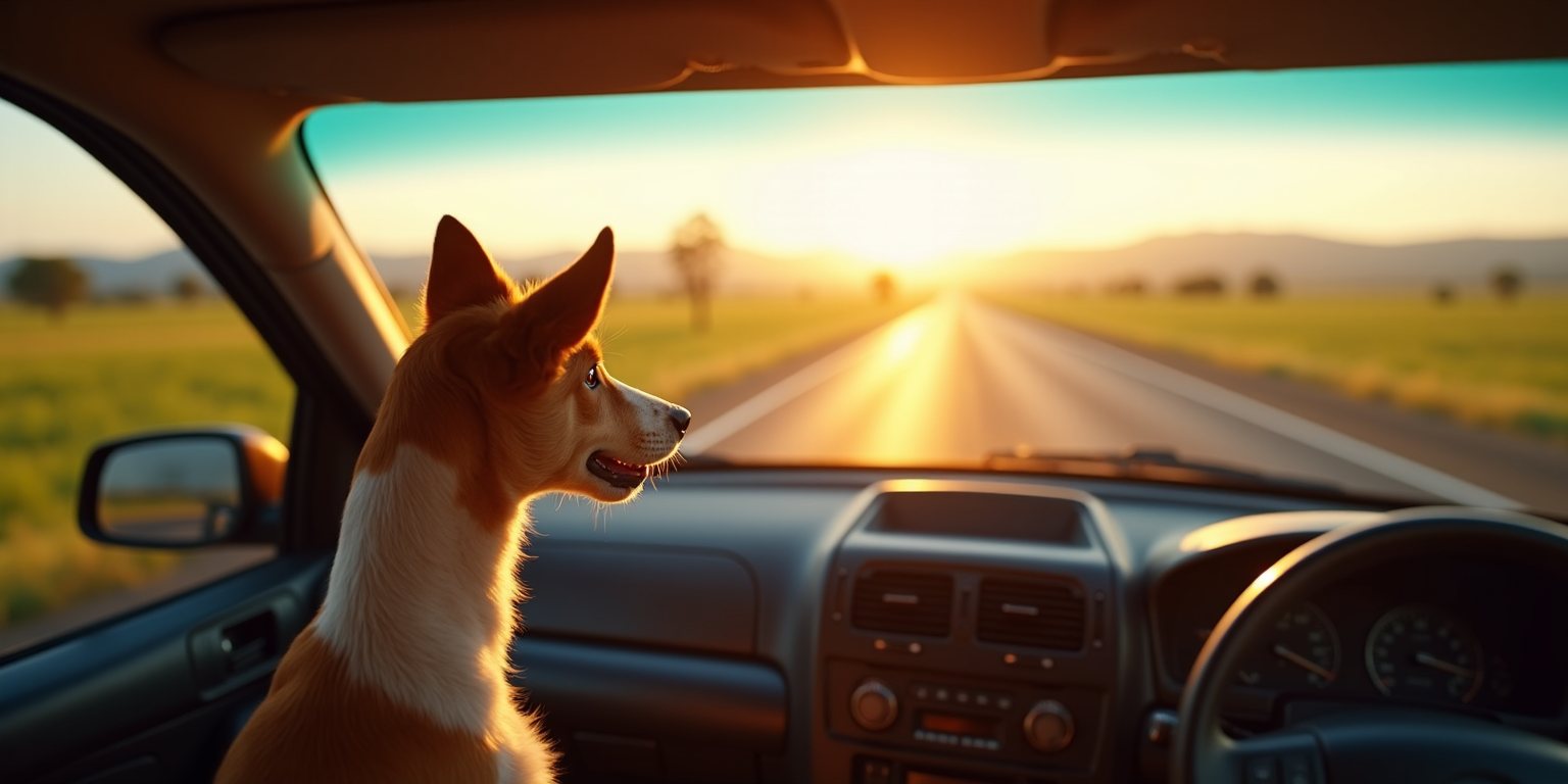 A kelpie in the front passenger seat of a car watching a long Australian country highway through the windscreen