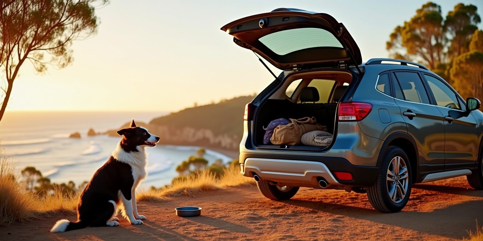 A border collie sitting by a packed car boot at a coastal lookout rest stop