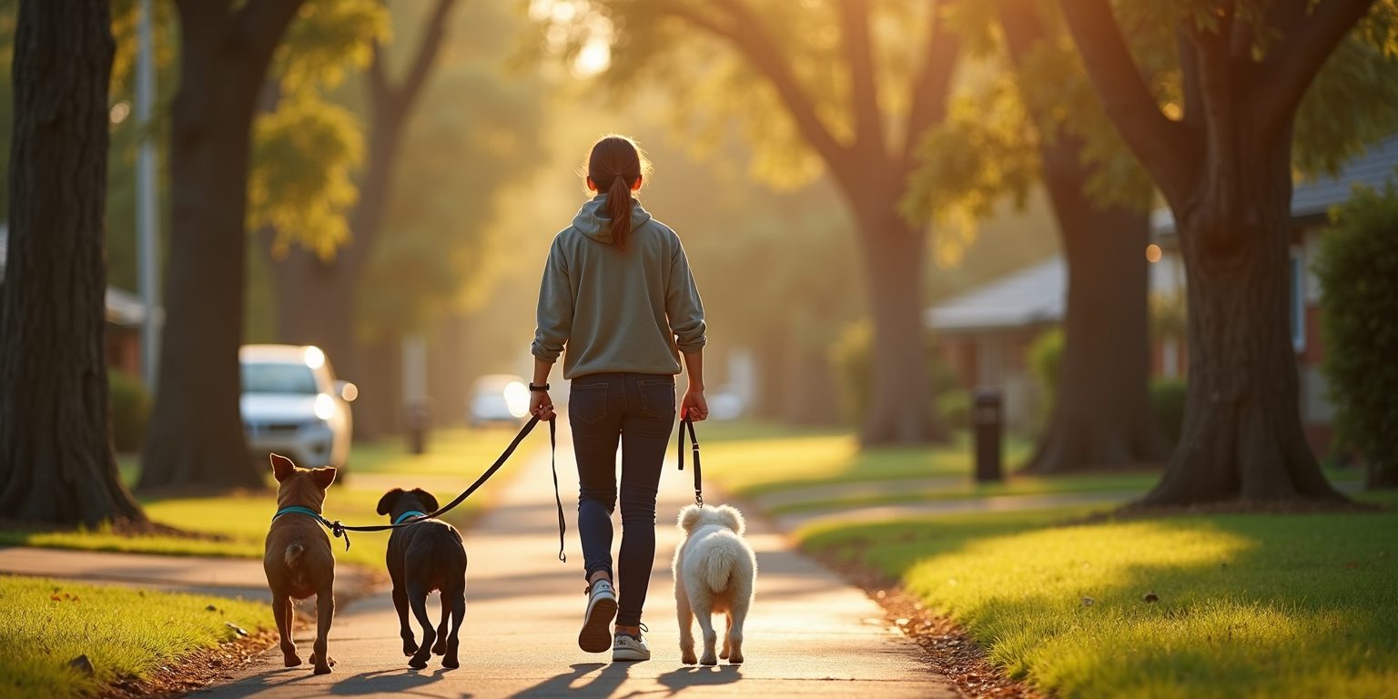A dog walker seen from behind walking three dogs along a leafy suburban footpath