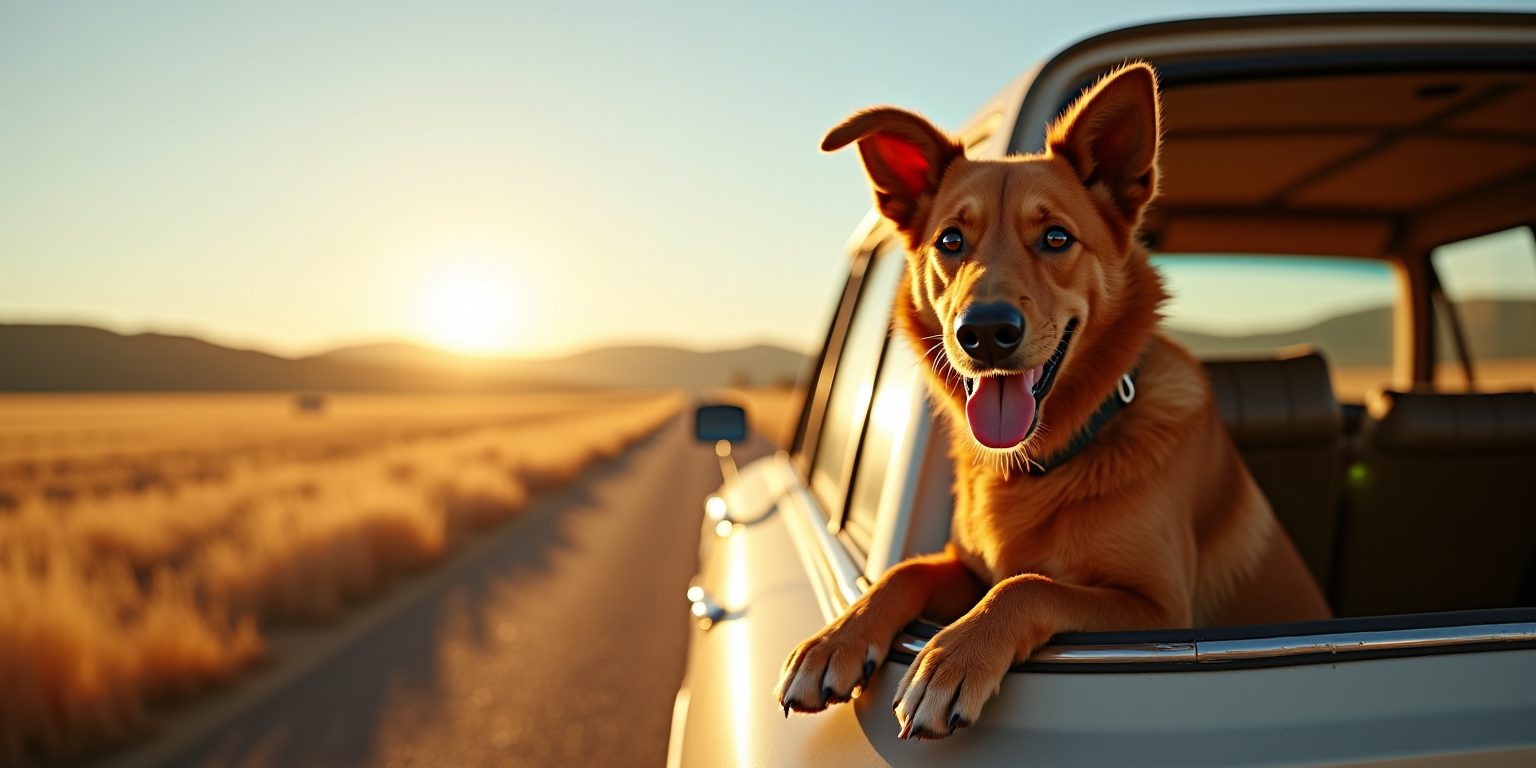 A kelpie leaning out of a car window on a long straight rural highway at golden hour