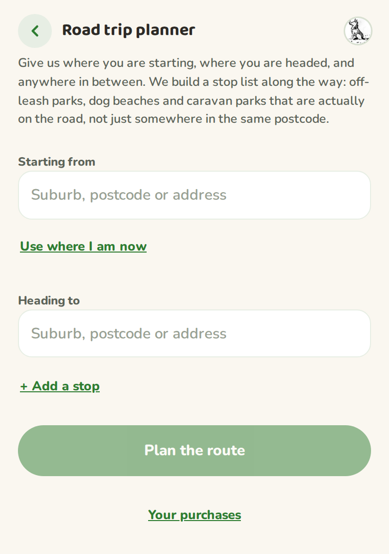 The Muttmates route planner with empty starting from, stop, and heading to fields