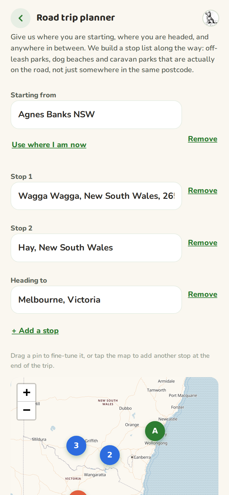 Route drawn on the map from Agnes Banks through Wagga Wagga and Hay to Melbourne, with the break interval and stop type choices below it