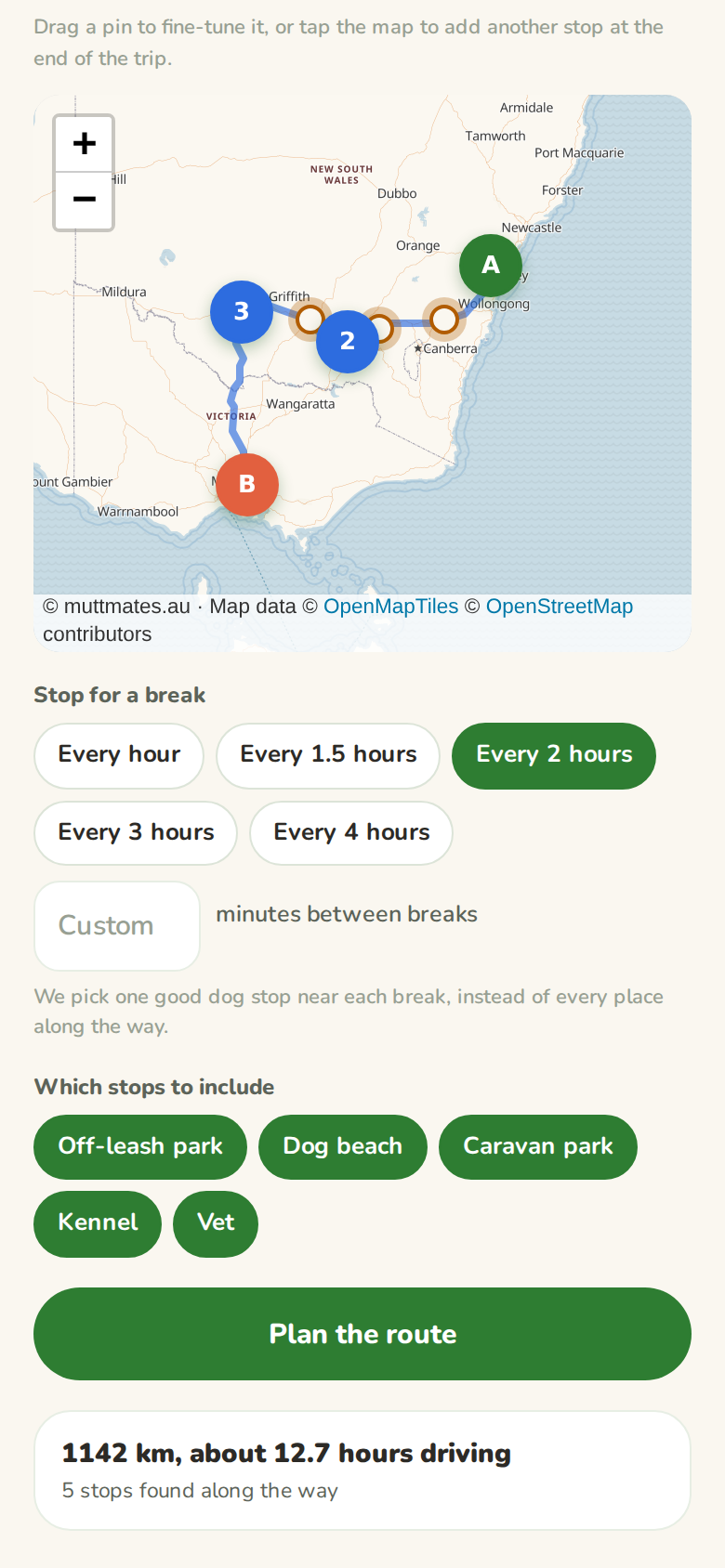 Route summary showing 1142 km, about 12.7 hours driving, and 5 stops found along the way