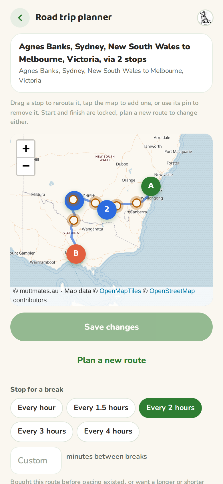 Fully unlocked route from Agnes Banks to Melbourne with all stops marked and adjustable on the map