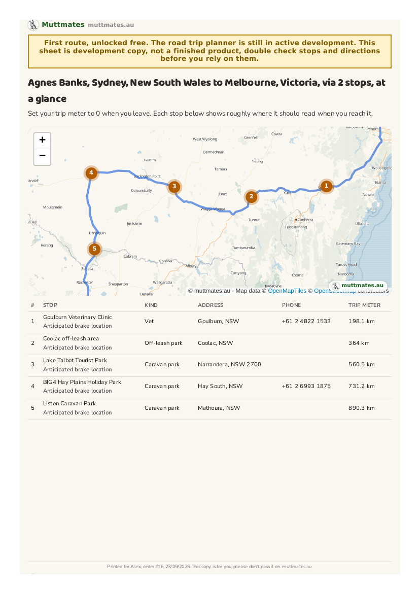 First page of the printed route sheet PDF