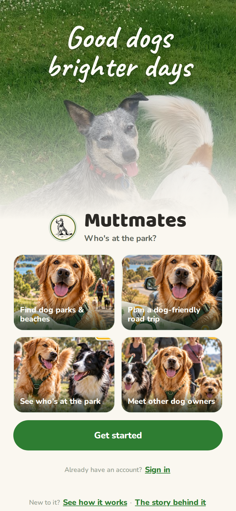 The Muttmates welcome screen with a Get started button and a Sign in link