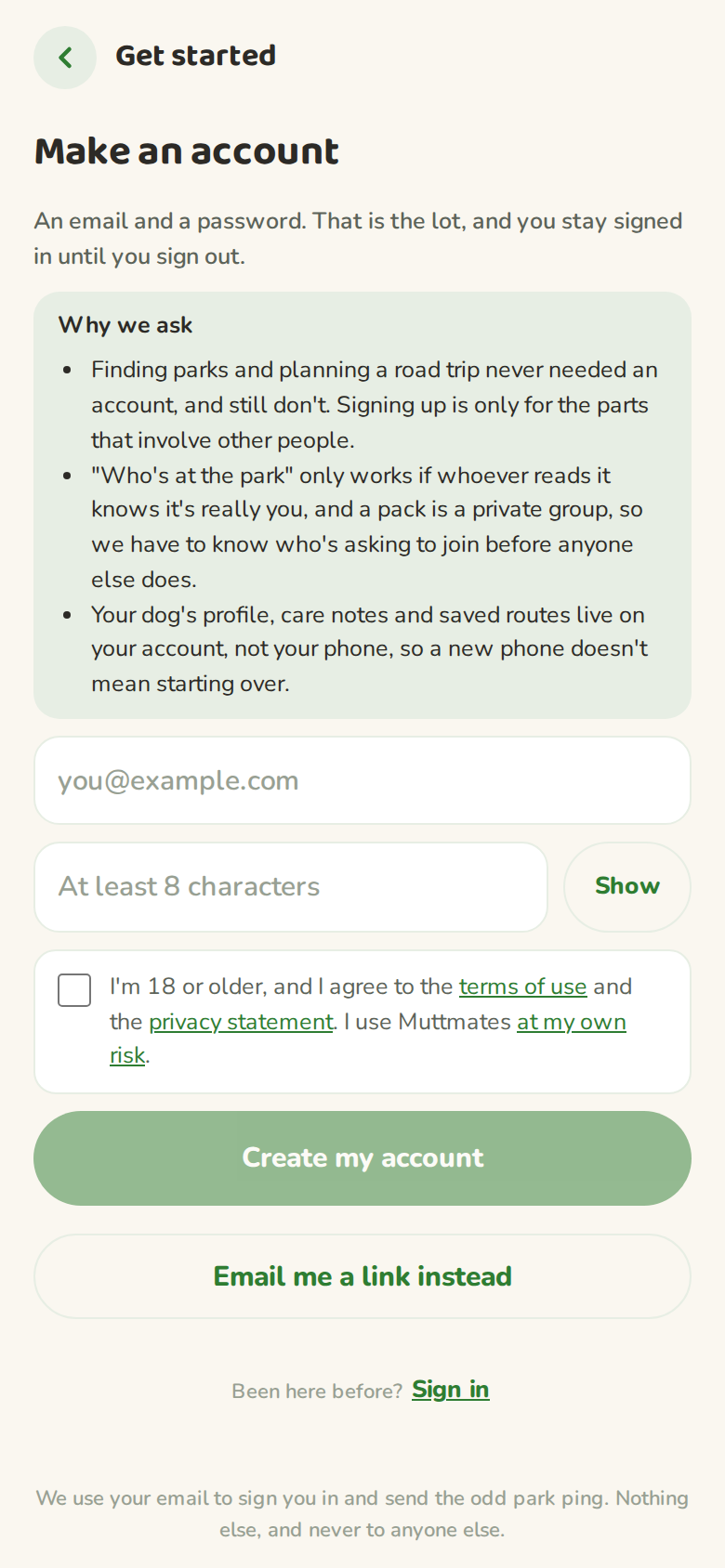 The create account screen with email and password fields