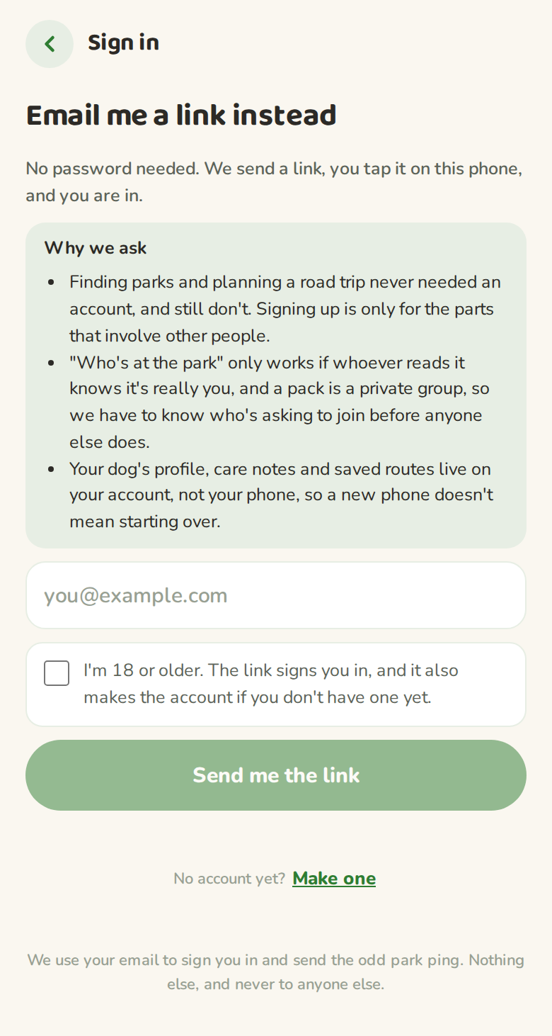 The email me a link screen, which sends a one-tap sign in link