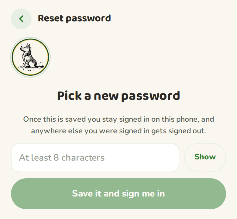 The choose a new password screen reached from a reset link