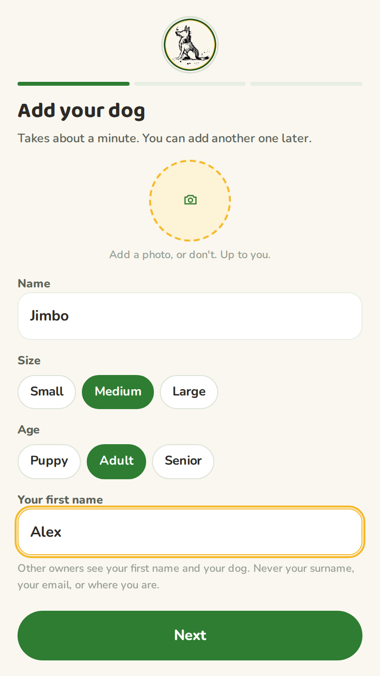 Add your dog: photo, name, size chips, age chips, and your first name, filled in for Jimbo and Alex