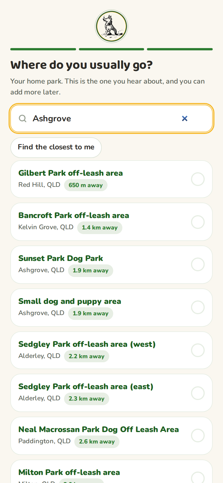 Park search showing Ashgrove results with a Find the closest to me button