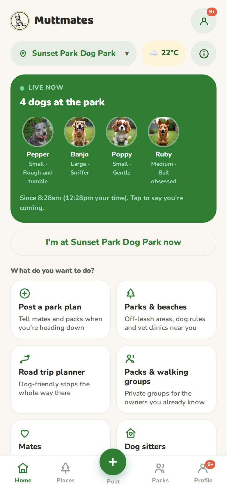 Park feed with a live now card showing four dogs, and a What do you want to do grid of six tiles