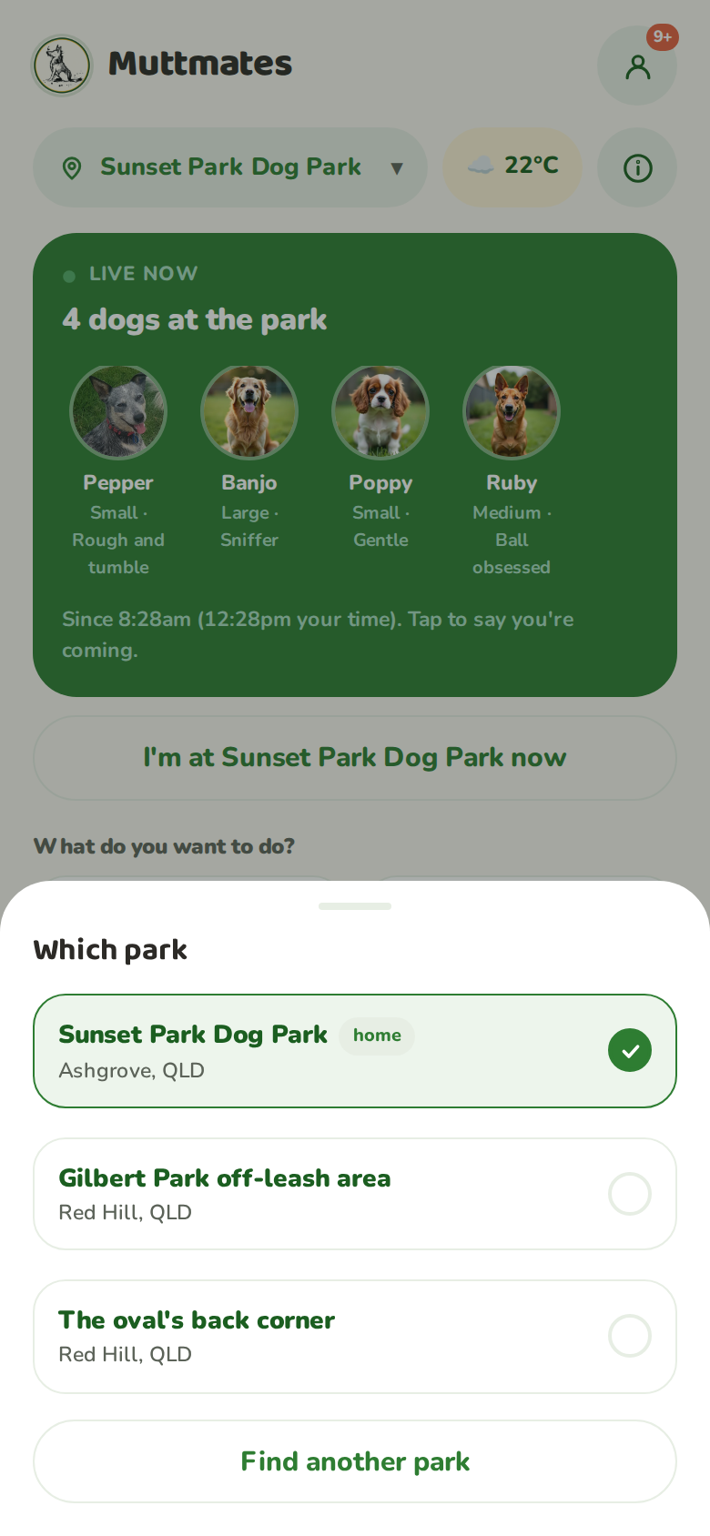 The which park sheet listing the parks you follow, with home marked