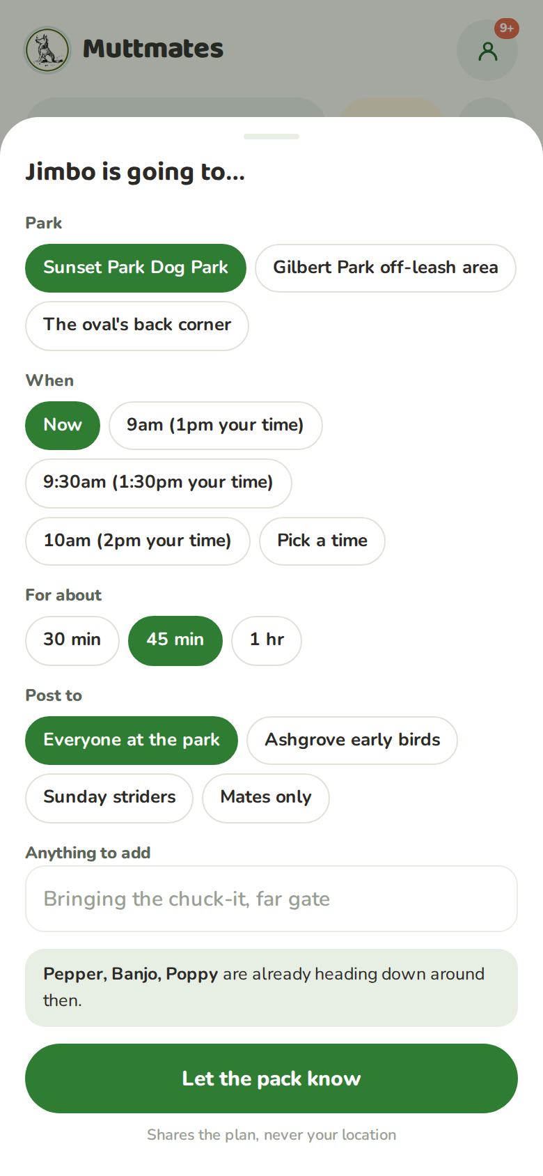 The post a plan sheet with park, when, duration, audience and a note field