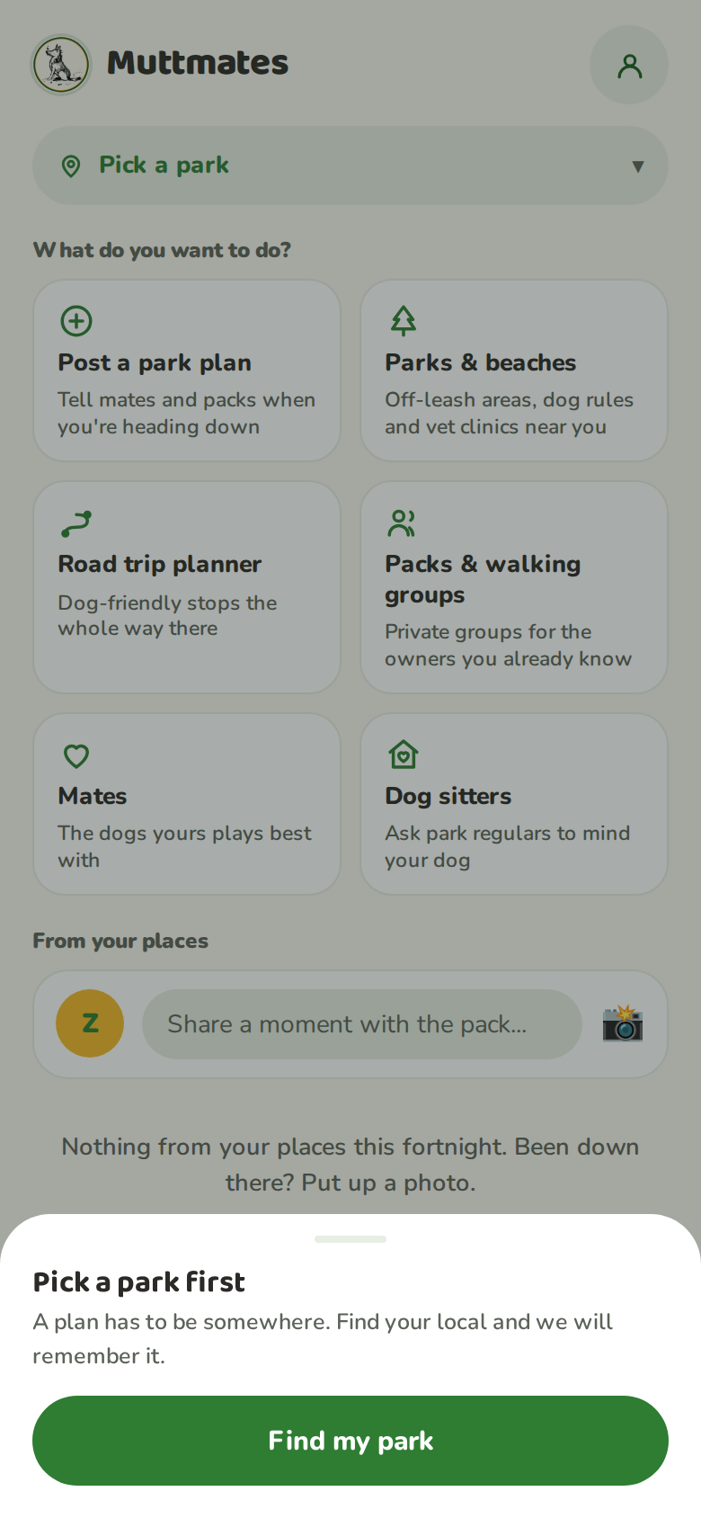 The pick a park first sheet shown when you try to post before following any park