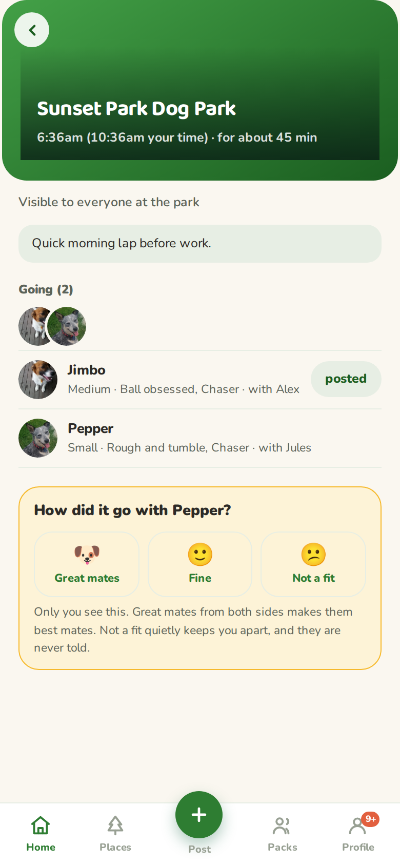 A finished plan with a how did it go card asking about Pepper, with great mates, fine and not a fit buttons