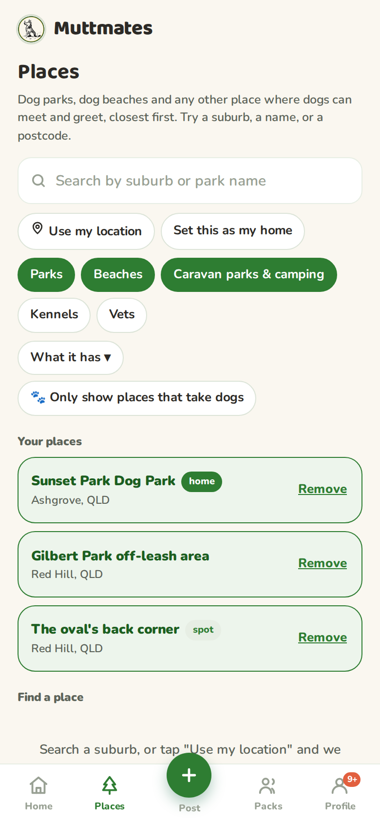 The Places screen with a search box, use my location chip, and your places list showing a home park and a meeting spot
