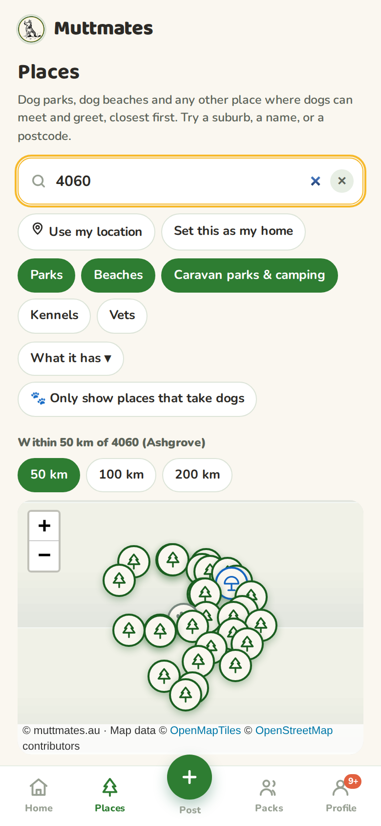 A postcode search showing a map of parks within 50 km, radius chips, and the closest results with distances