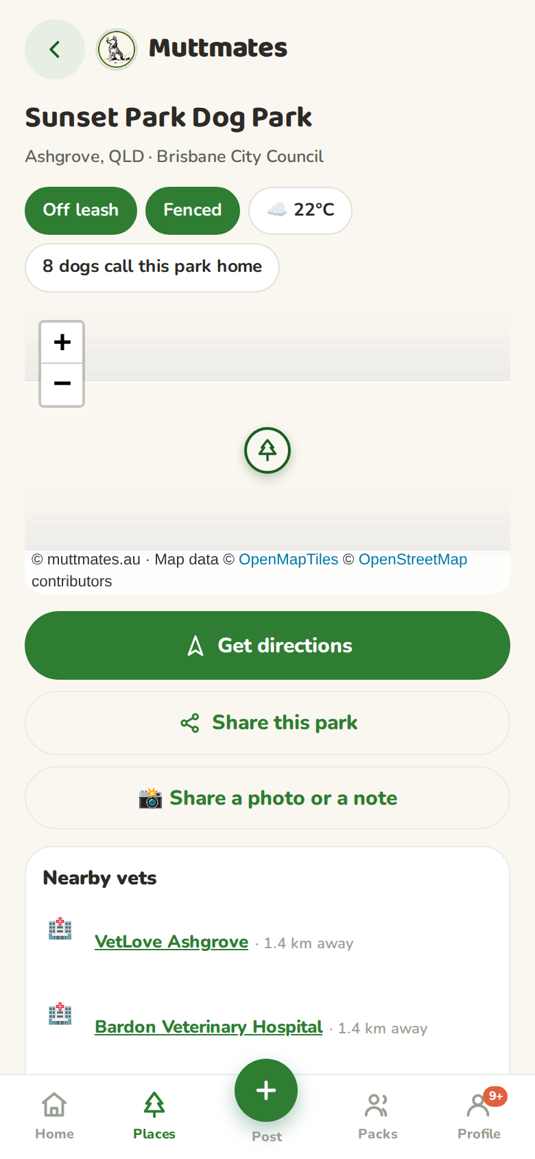 A park info page with off leash and fenced tags, the weather, a map, get directions, and an at the park list showing parking, drinking water, dog bag dispensers and bins