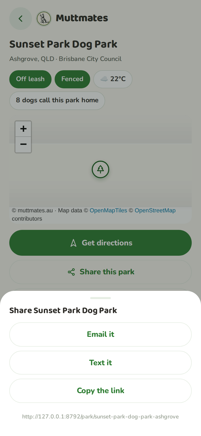 The share sheet for a park with email it, text it and copy the link buttons