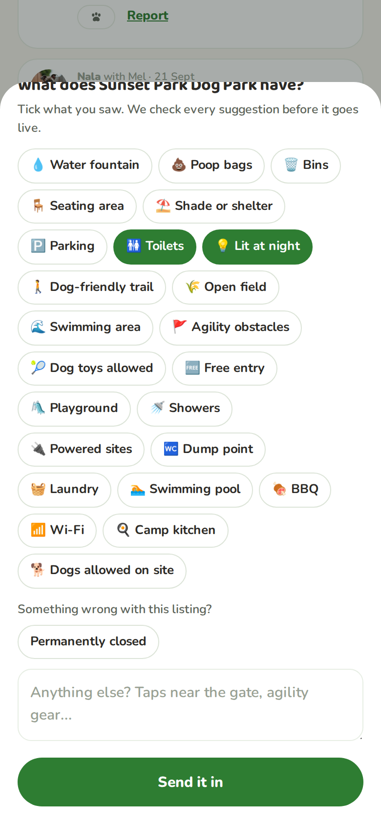 The what does this park have sheet with facility chips, toilets and lit at night ticked, a details box and a send it in button