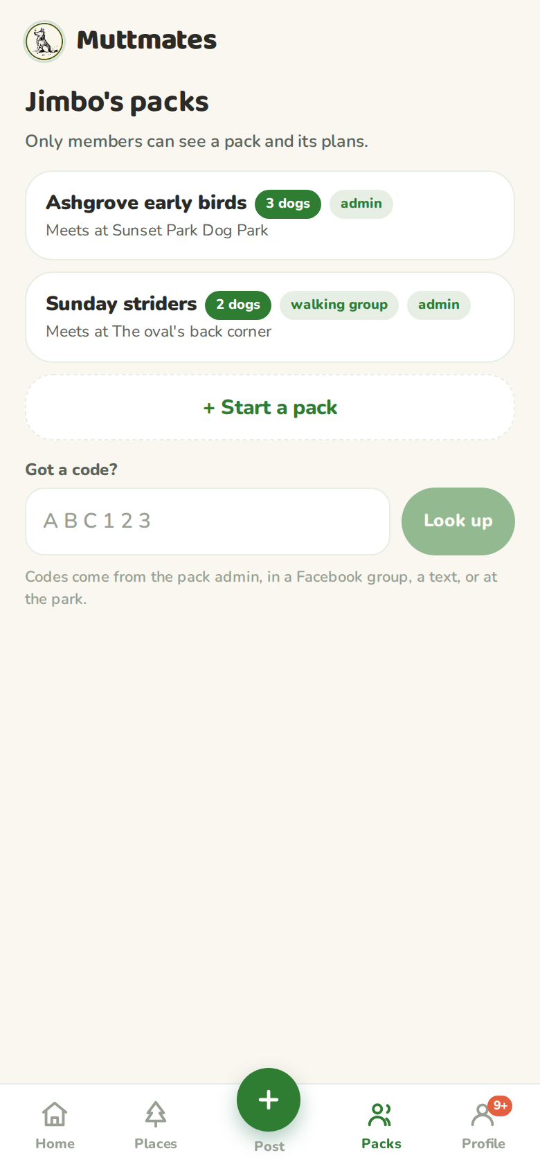 The packs screen listing Jimbo's pack and his walking group with its tag, a start a pack button, and a got a code field