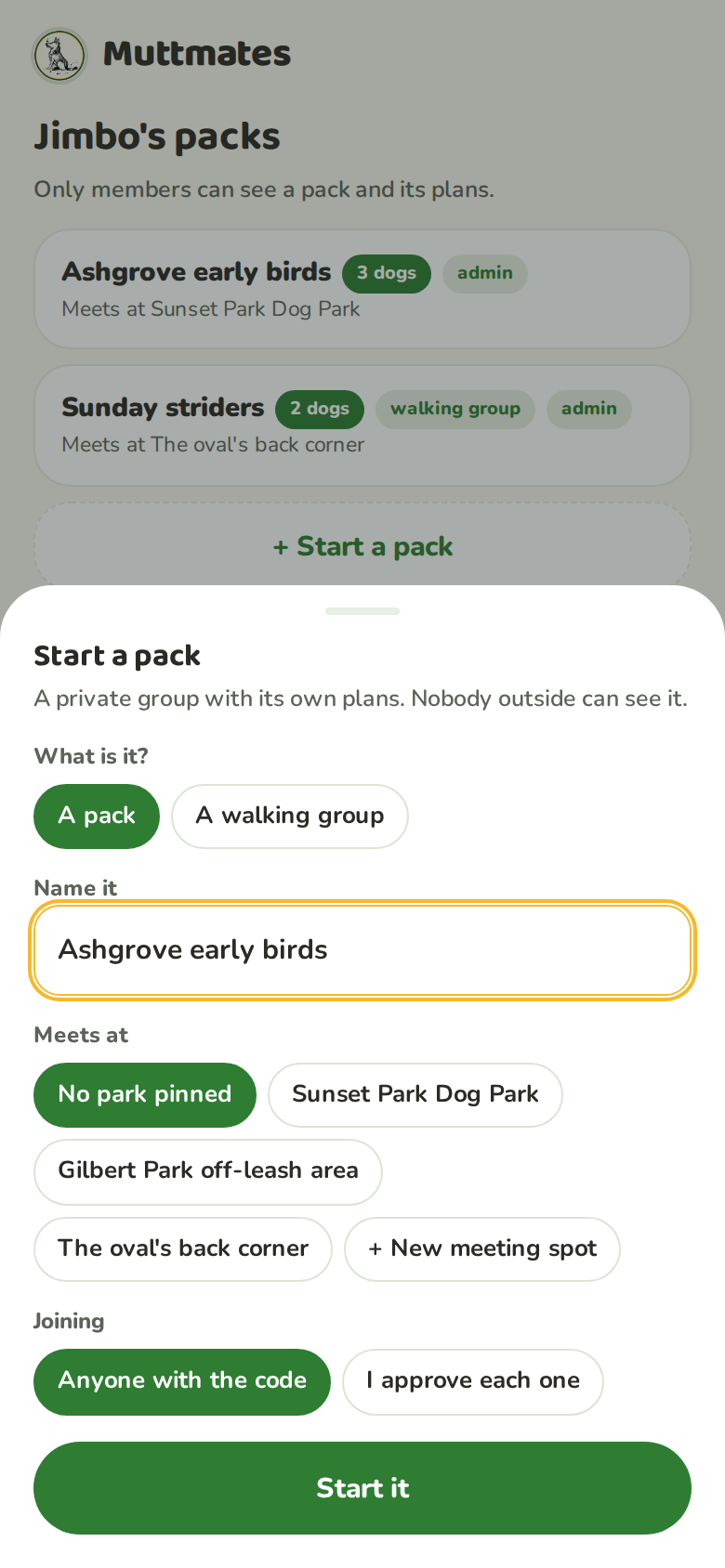 The start a pack sheet with what is it chips for a pack or a walking group, a name field, an optional meeting place, and join settings