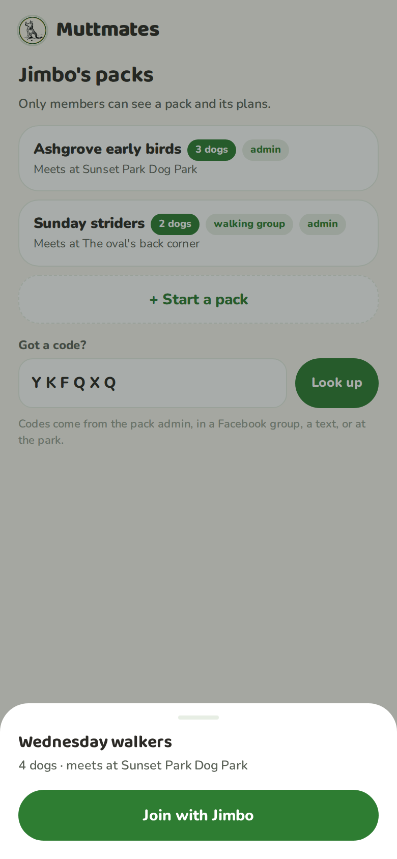 A join code typed into the got a code field, with a preview sheet for the Wednesday walkers pack and a join button