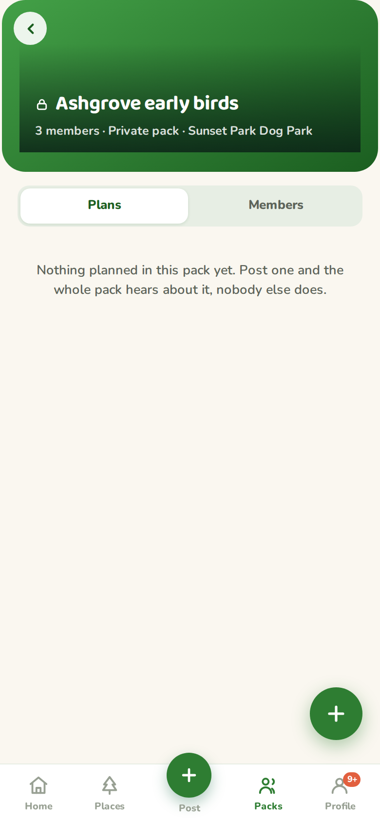 A pack screen on the Plans tab showing one pack-only plan and a post button