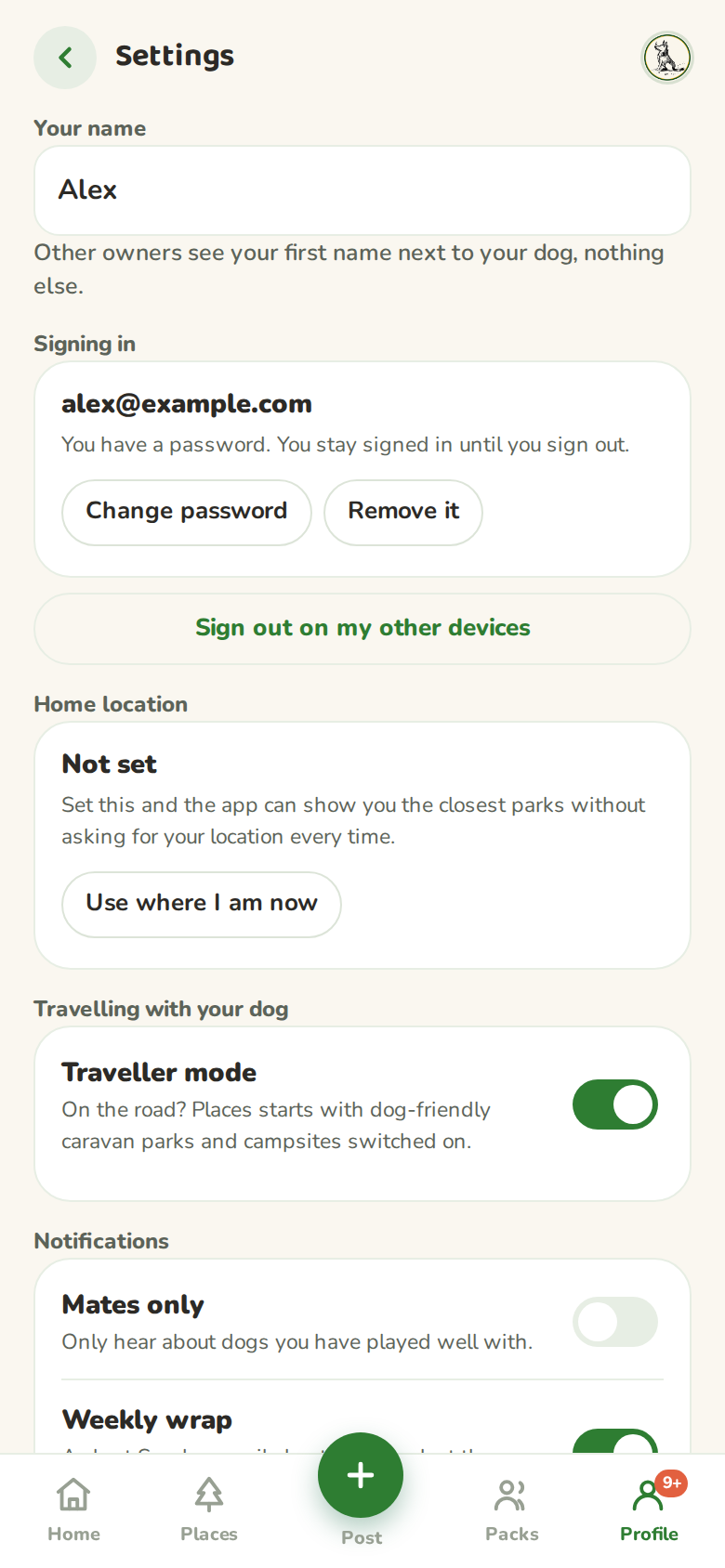 Settings screen with name, email, signing in, home location, notification toggles, quiet hours, push, parks and account controls