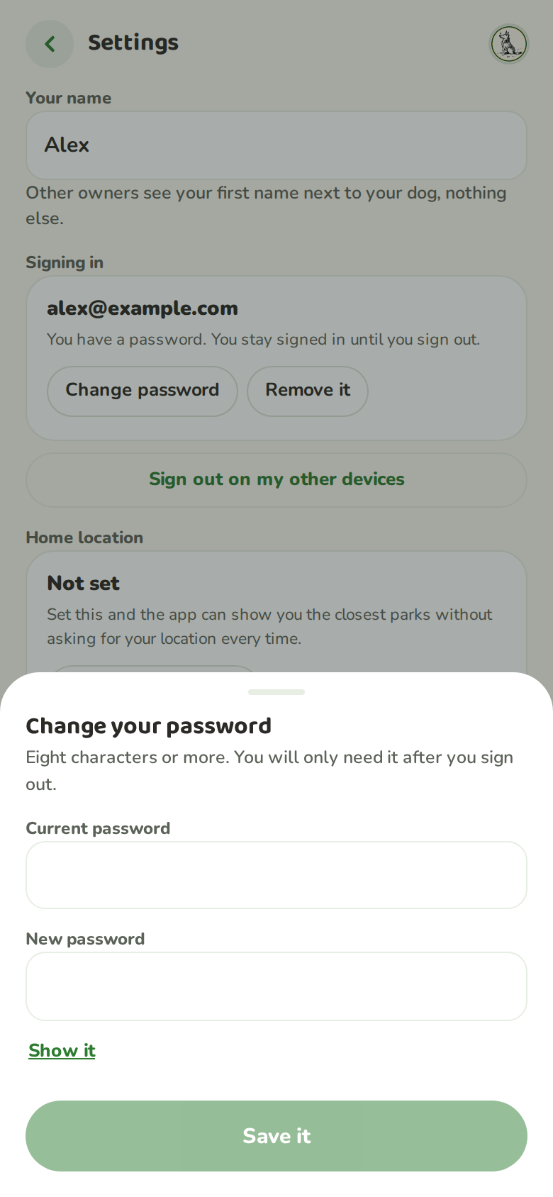 The change your password sheet with current and new password fields