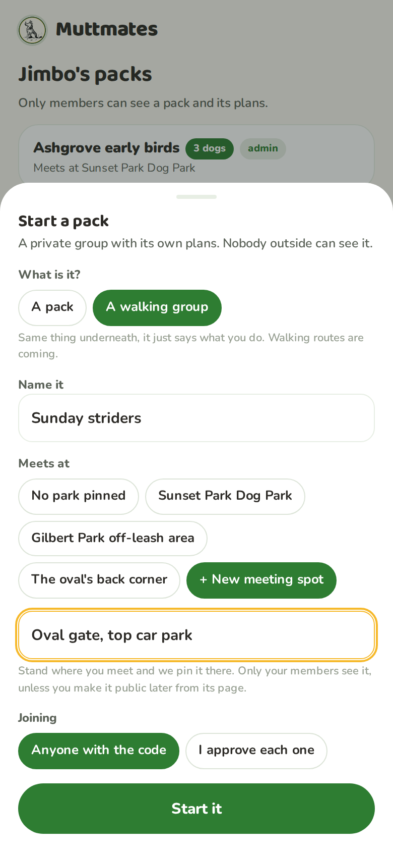 The start a pack sheet set to a walking group called Sunday striders, with a new meeting spot being named