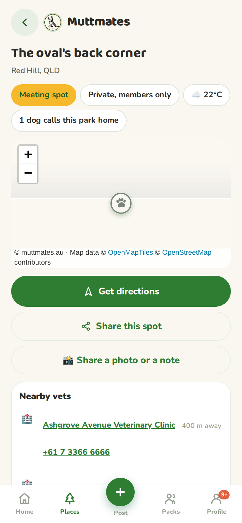 A meeting spot page with meeting spot and private members only tags, a map, get directions, and a make it public button