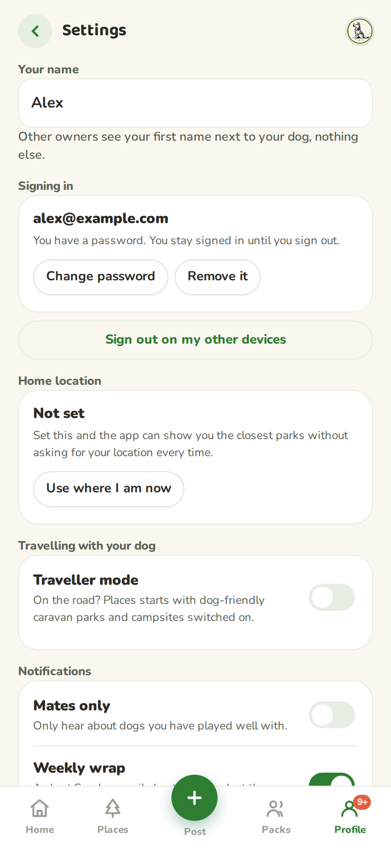 Settings with Traveller mode turned on