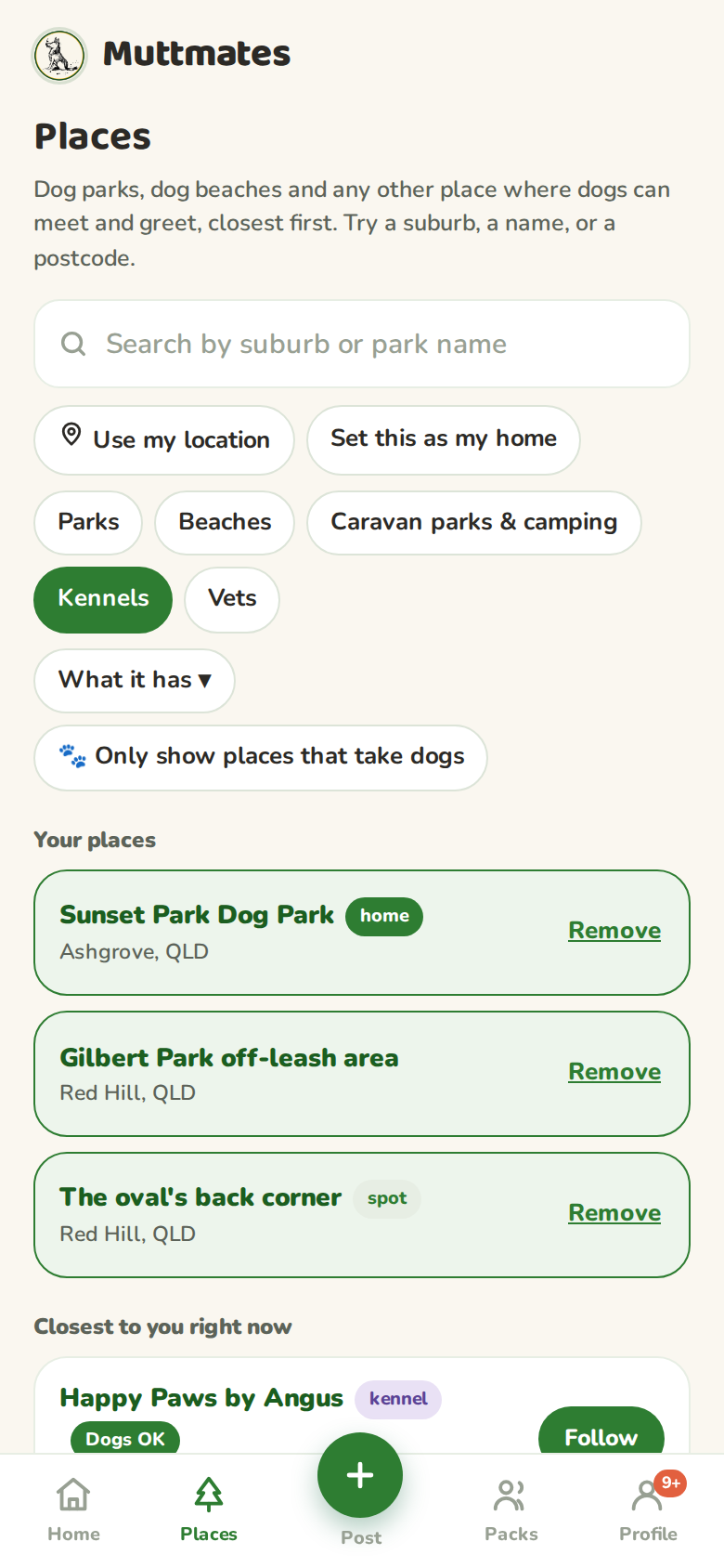 A stays list with Dogs OK, Dogs OK members and Ring ahead badges