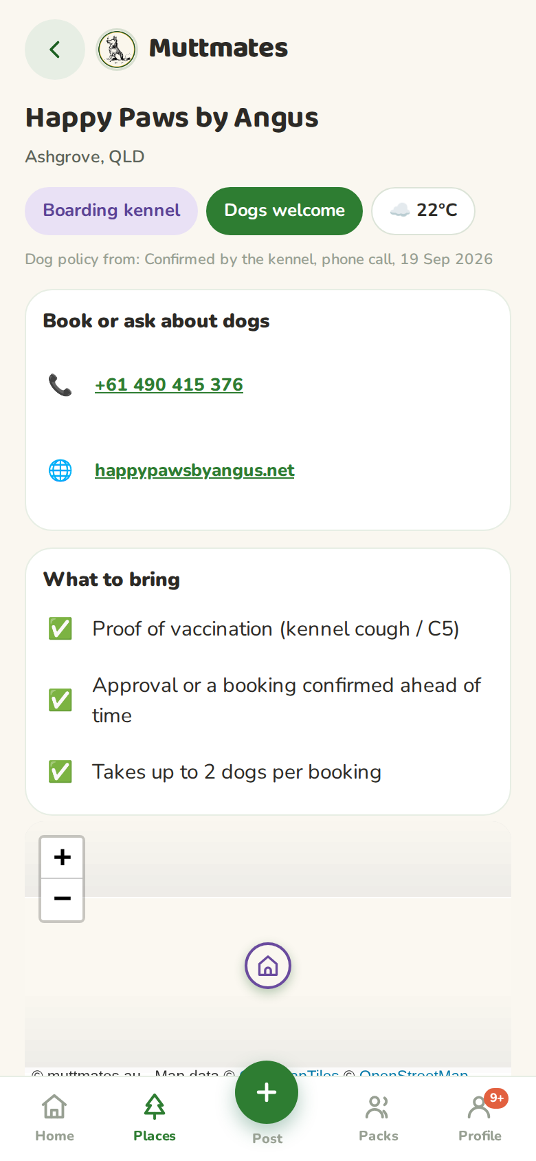 A kennel page showing its confirmed dog policy detail