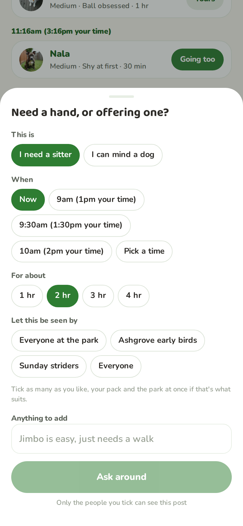 Posting a sitter request with a start time, duration and audience choice