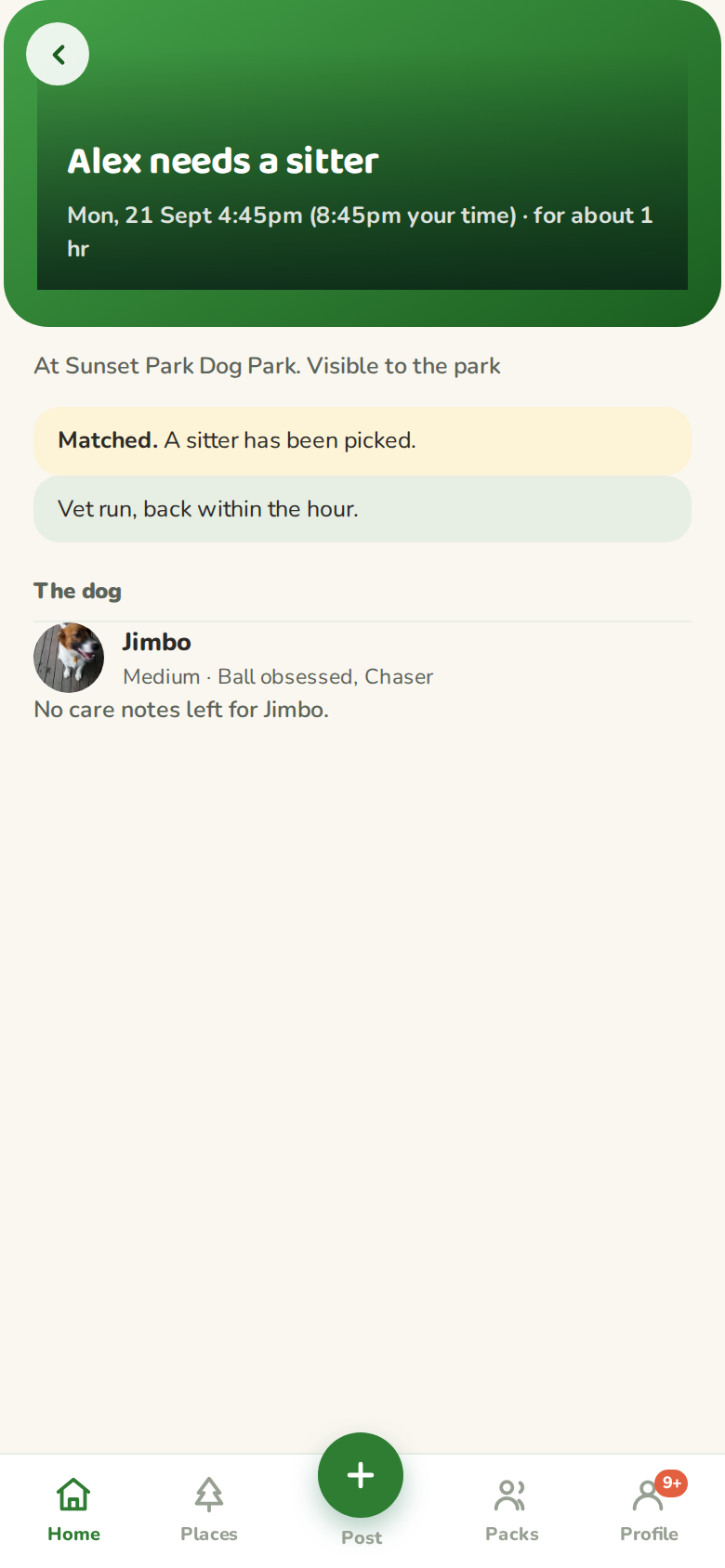 A sitter post marked matched after a reply was accepted