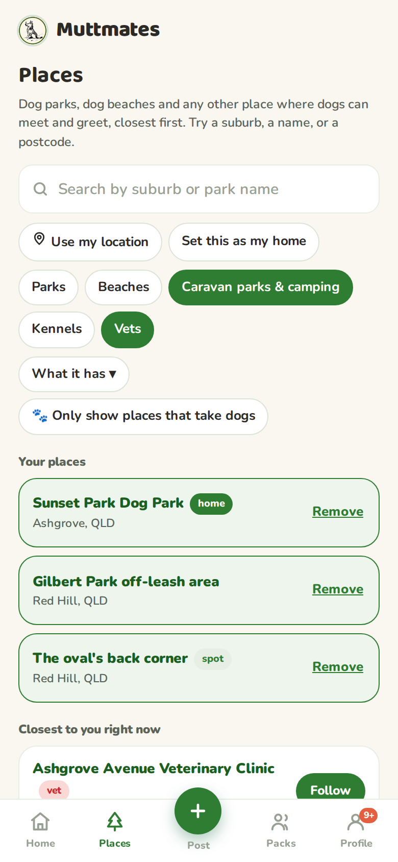 The Places filter chips with Vets selected, showing a list of vet clinics