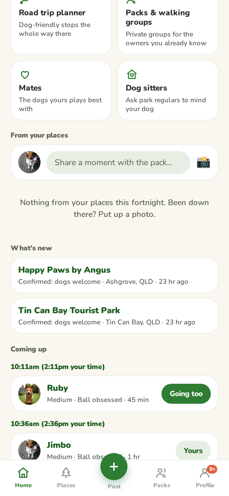 The home screen's What's new list of recent catalogue changes, with the day's plans below it