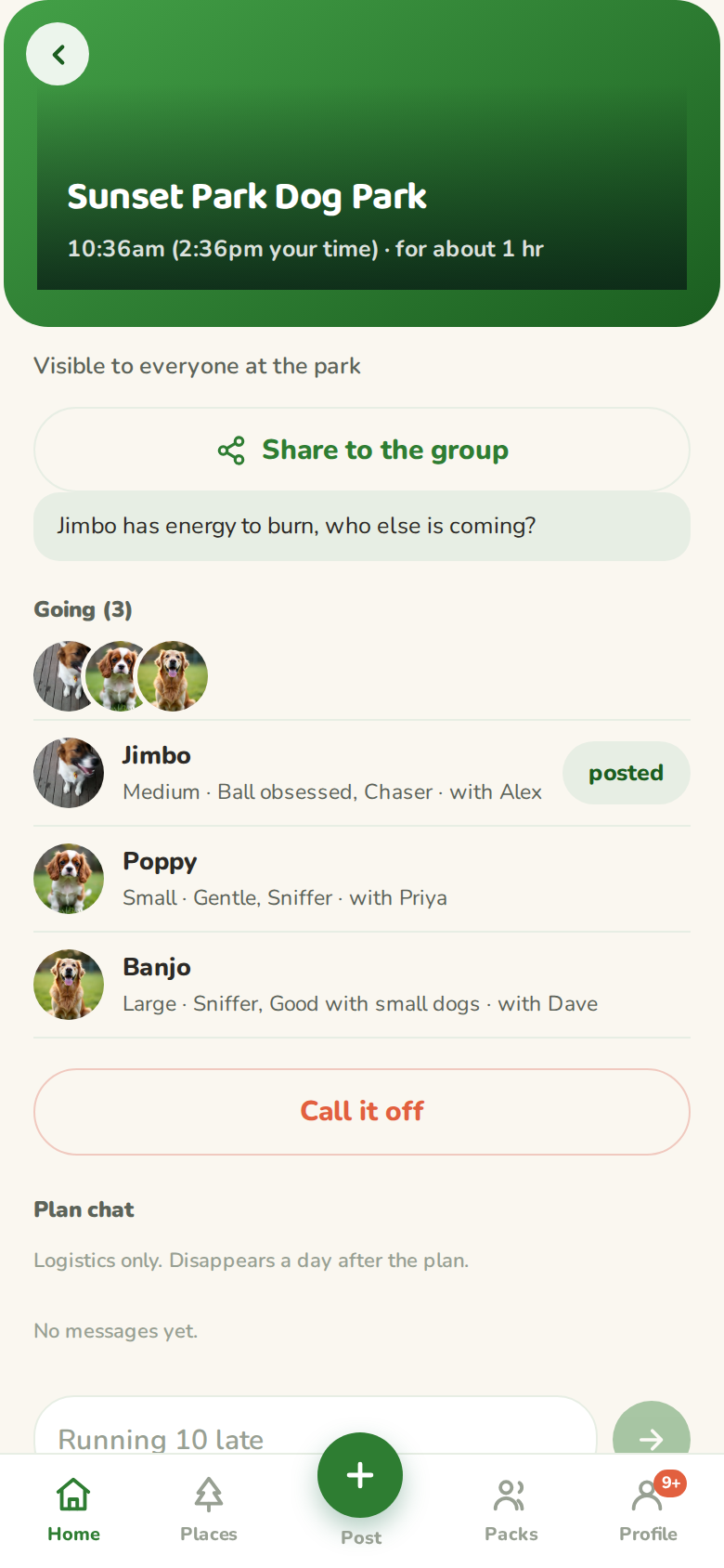 A plan's Share to the group button with the pre-written post about to go to the phone's share sheet
