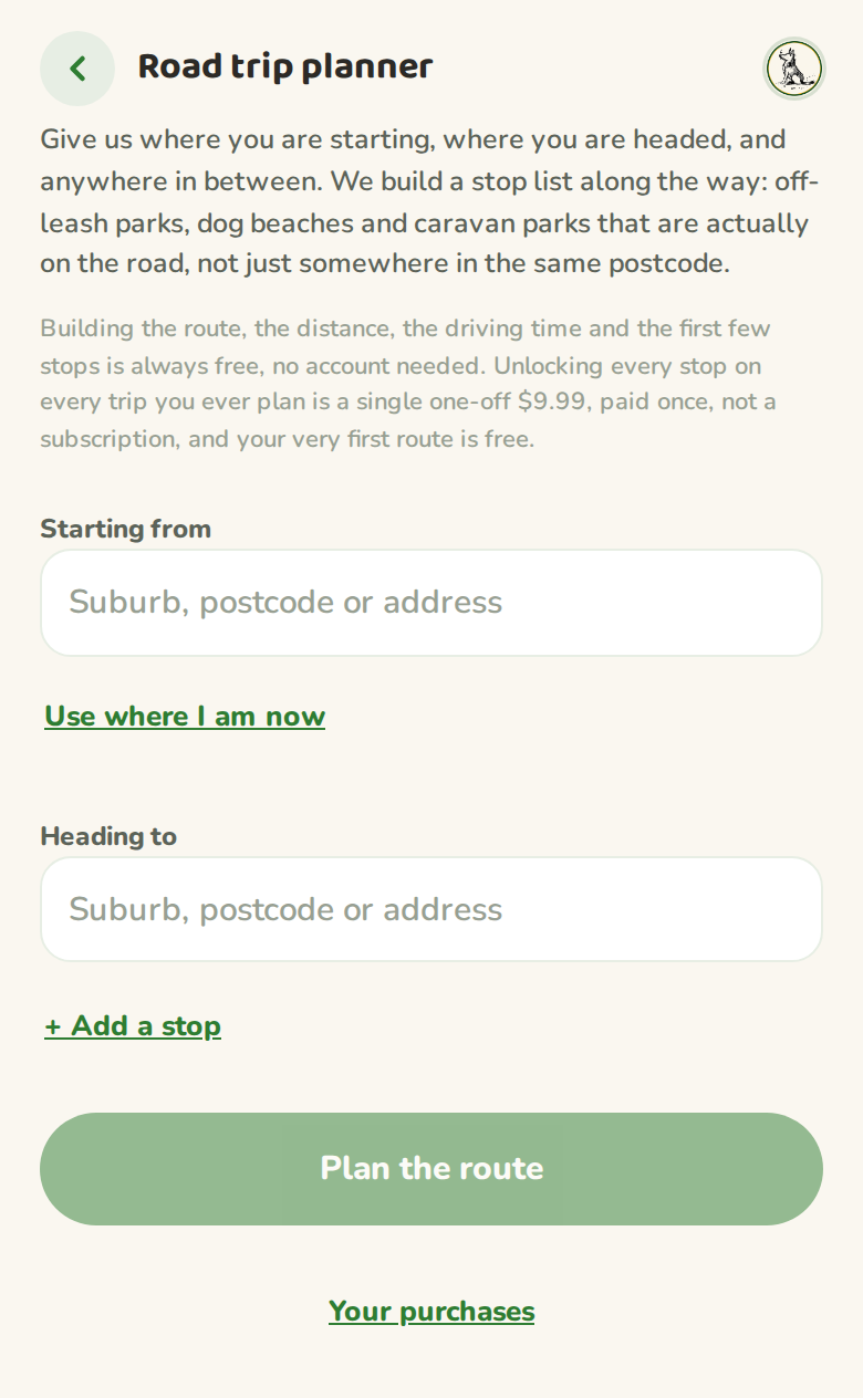 The road trip planner with empty start and destination fields and an add a stop button