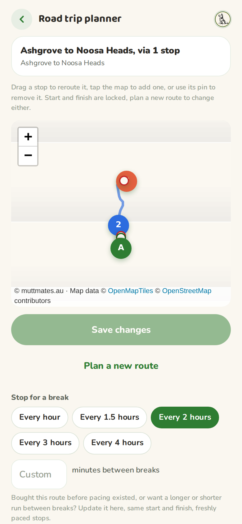 A paid route marked paid, unlocked in full, with every stop showing and the map still live for editing