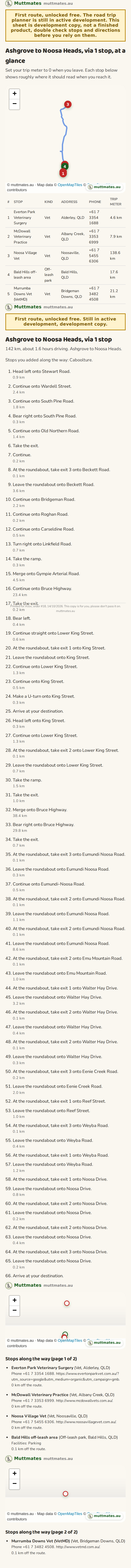 A printed turn by turn directions sheet for the route, listing every stop in order with the distance and time between them