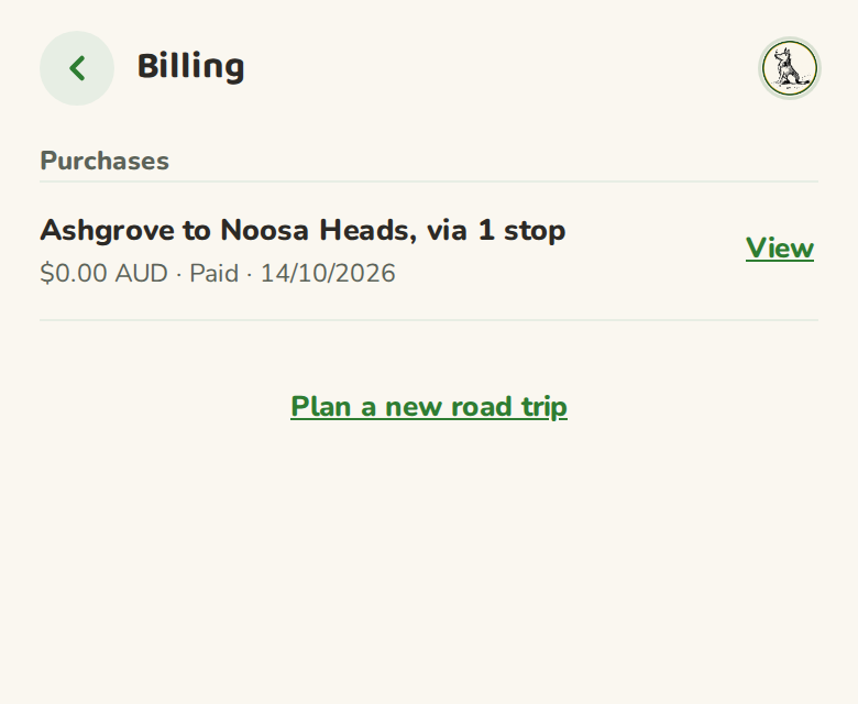 The Billing page listing a purchased road trip with the amount paid and the date