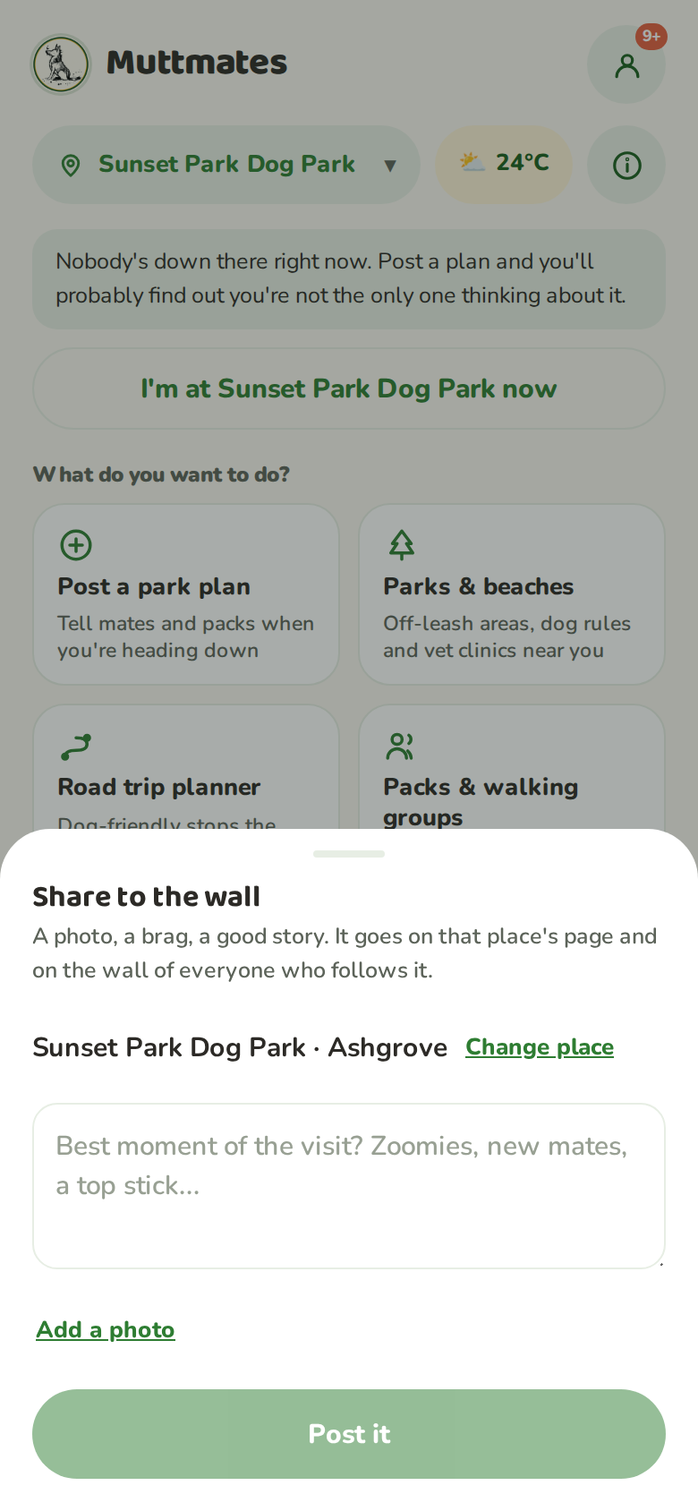 The Share to the wall sheet with the chosen place, a Change place search, a text box and an Add a photo link