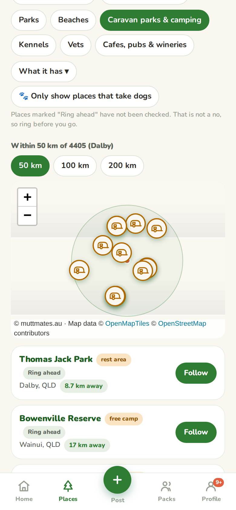 A postcode search with the Caravan parks and camping chip on, showing stays on a map and a list where one card wears a rest area badge and another a free camp badge