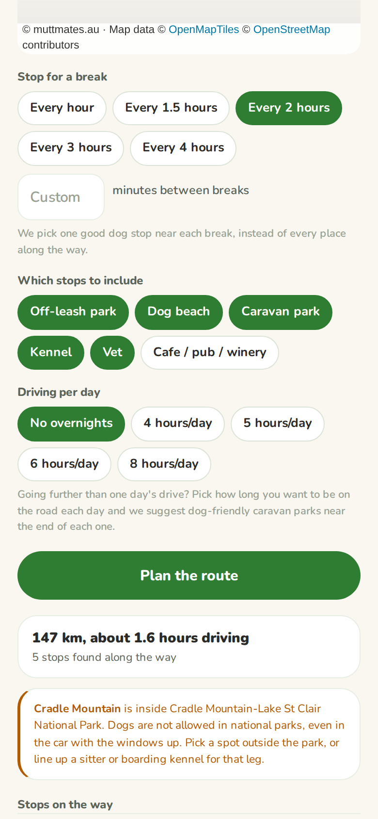 A planned route summary with a warning card underneath saying the destination is inside Cradle Mountain-Lake St Clair National Park and dogs are not allowed in national parks
