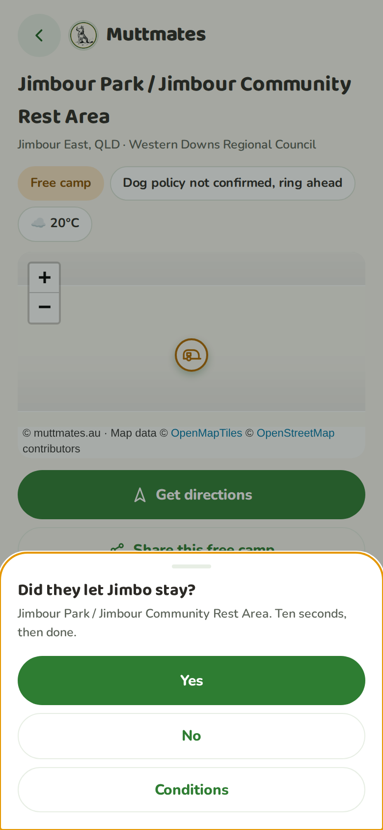 A free camp page with a sheet asking Did they let Jimbo stay, with Yes, No and Conditions buttons